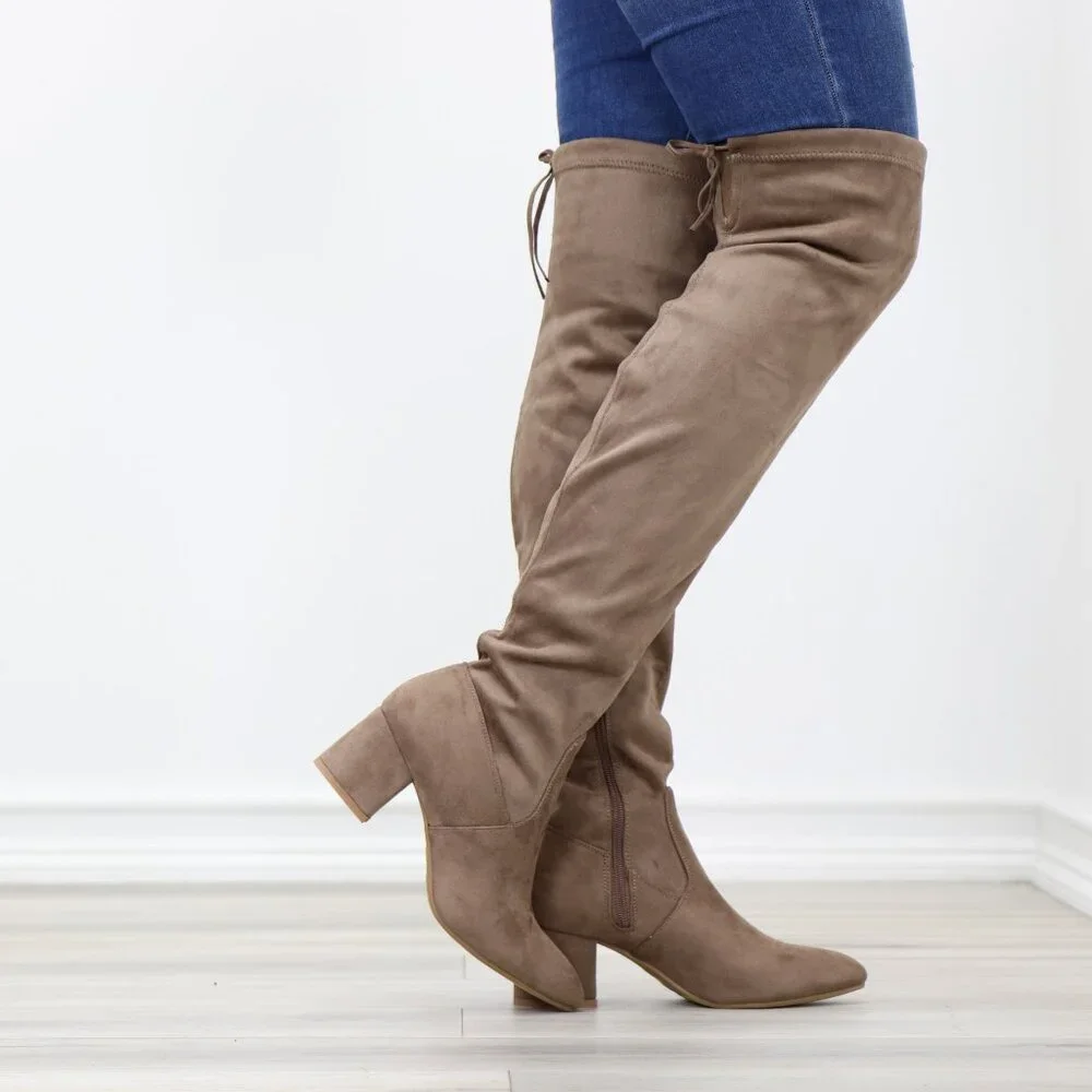 Taupe Over-the-Knee Boots Faux Suede Low Block Heel Tie Back